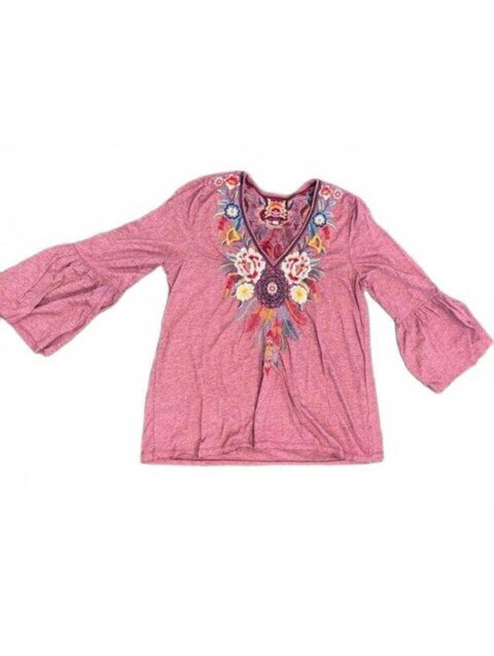 NWT New Johnny Was Embroidered Darielle Flute Sleeve Tee Maroon XL